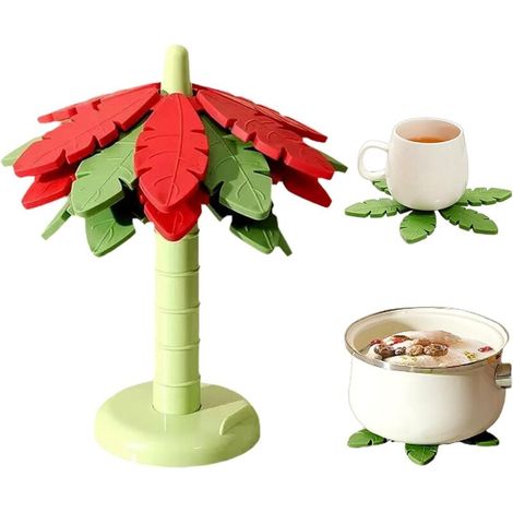 Tapis isolant thermique en forme d'arbre résistant à la chaleur (ensemble de 4 pièces), tapis isolant thermique antidérapant pour la cuisine, design élégant de Noël, rouge. (1/5)