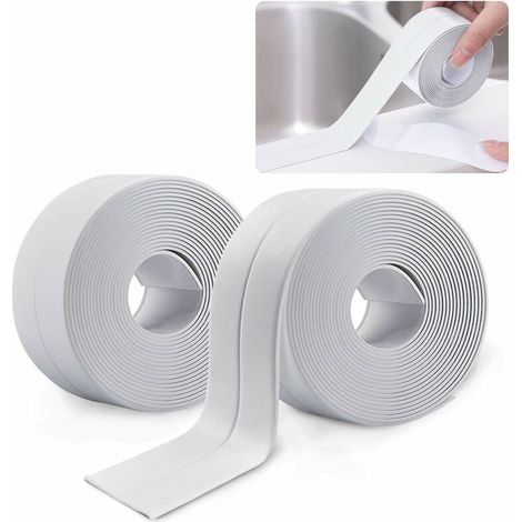 2 Rouleaux Bande Etancheite Autocollante Imperméable, PVC Ruban Adhesif de Scellage Mural,Douche,Toilette,Cuisine,Salle de Bains (gris), (1/5)