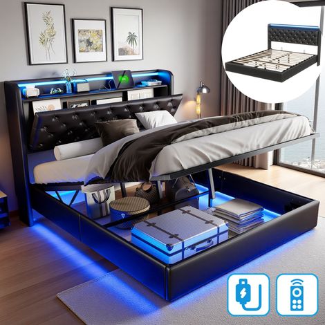 Letto contenitore matrimoniale 140x190 cm - porta USB integrata, striscia LED, sommier a doghe in legno, letto imbottito - Nero