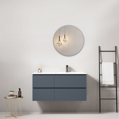 Mobile bagno sospeso cannettato 100 cm Blu Mare Lavabo a Destra in Ceramica Specchio Tondo - Fiji Paint (1/4)