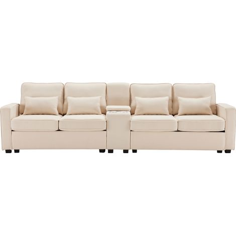 Sofá de 4 plazas de lino beige con consola, 2 portavasos, 2 puertos USB y 4 cojines (1/5)