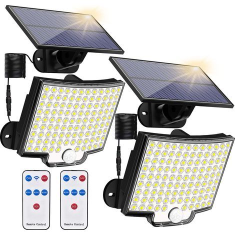 Projecteurs solaires d'extérieur, 106 LED, 3000 lm, à détecteur de mouvement, avec télécommande, pour garage, lot de 2 (1/5)