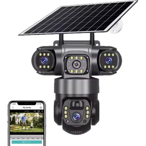 Caméra de sécurité solaire à triple objectif pour la maison et l'extérieur, 3K HD, couverture à 360°, zoom 10x, 3 écrans, avec (1/4)