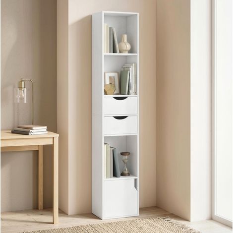 Libreria stretta 30x24x158 cm in MDF bianco, 2 cassetti, per ufficio e camera - CHICFURN (1/5)