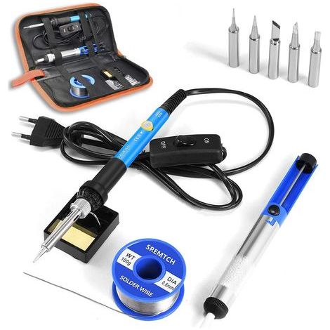 Kit de fer à souder électronique 60 W avec température réglable 200-450 °C et interrupteur Marche/Arrêt, 100g, 5 pannes à souder, pompe à dessouder, support avec éponge, sac en polyuréthane [