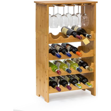 Relaxdays Botellero Vino de Bambú, 84 x 50 x 24 cm, Estante 16 Botellas y 12 Copas, 3 Niveles, Apilable, Marrón Natural