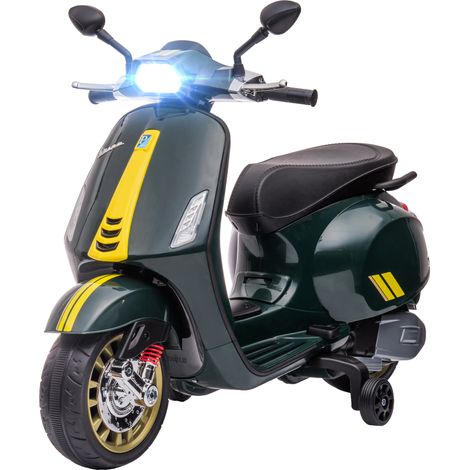 Trottinette électrique Vespa 6V pour enfants, dimensions : 107 x 47 x 73 cm (L x l x H), lecteur MP3, port USB, phare, 2 stabilisateurs – Verte (1/5)