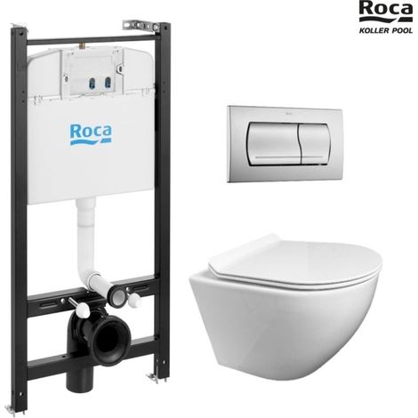 Bastidor empotrado ROCA Active pack cisterna y pulsador cromo mate con inodoro suspendido round de Koller Pool blanco tapa fina