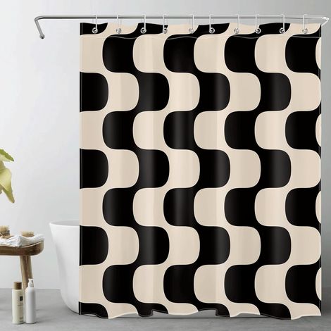 Moderne Rideaux de Douche 150x200cm Noir rayé sur Beige Vintage Rideaux de Bain avec Crochets,Art Abstrait Extra Longue Imperméable Polyester Anti Moule Salle de Bain Décor (1/5)