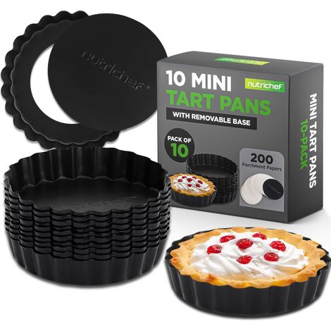 Set de 10 Moules Mini-tartes 10 cm – Antiadhésifs, Base Amovible, Acier Haute Résistance, Lave-Vaisselle, 200 Caissettes, Noir (1/5)
