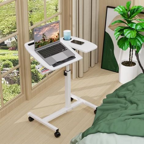 TuseRxln Table de Lit – Hauteur Ajustable – 2 Roulettes Verrouillables – 1 Tiroir – MDF Blanc