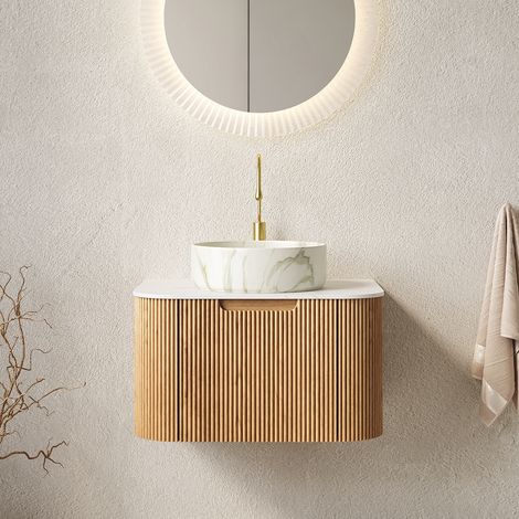 61cm Hängende Badezimmer-Waschtisch, Weißem Rund Keramikbecken mit Steinmuster & Carrara Weiß Top, Gebogene Kanten Gestreifter Sperrholzschrank mit Schublade, Vormontiert, Natürliche Holzmaserung