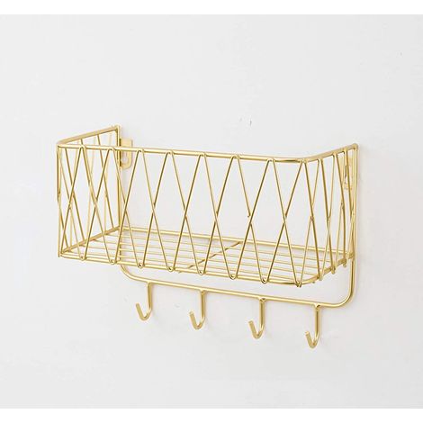 TuseRxln Etagère De Douche Sans Perçage - Support De Douche Suspendu - Etagère Murale Flottante Avec 4 Crochets - 1 Pc - Salle De Bain Ou Couloir - Or (1/5)