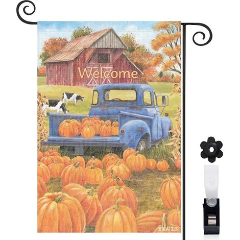 Drapeau de jardin décoratif 30 x 45 cm motif camion vintage et courges toile double face pour décoration extérieure (1/5)