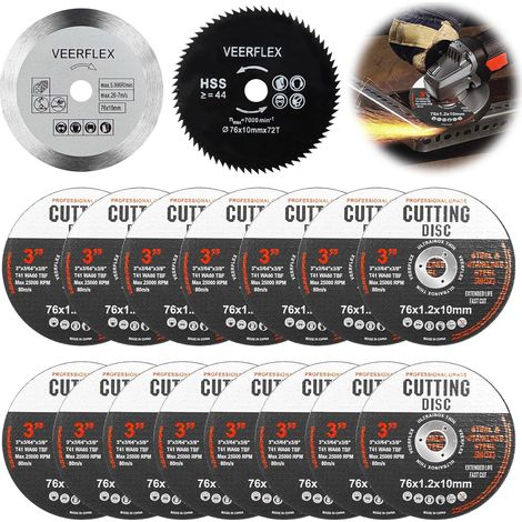 Lot de 17 disques à tronçonner 76 mm pour meuleuse d'angle, disque de coupe, disques flexibles pour couper le métal, le bois, la pierre, le plastique, la céramique, pour alésage de 10 mm (1/5)