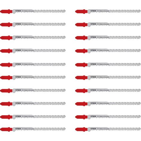 STIER Stichsägeblatt, 20 Stück, ST3182, Schnittlänge S 95 mm, Zahnteilung 2,2-3,2 mm, perfekt geeignet zum Zuschneiden von Holz, Arbeitsplatten, Verbundplatten, CV-Stichsägeblatt