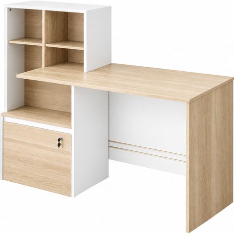 Scrivania per PC con Libreria 4 Vani e Cassetto con Serratura per Ufficio, Bianco Rovere, 126 x 50 x 109 cm (1/5)