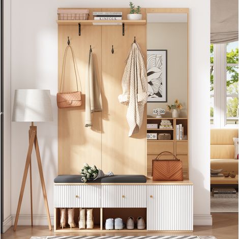 Recibidor 120 x 40 x 200 cm MDF blanco y efecto madera con banco zapatero - CHICFURN (1/5)