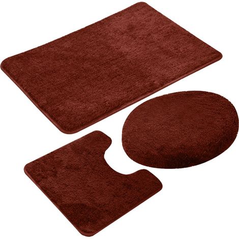 Collection Salle de Bain 3 Pièces - Inclut 1 Tapis de Contour, 1 Couvercle de WC, 1 Tapis de Bain Antidérapant à Dos Caoutchouc - Couleur Uni Orange Brique 6 (1/5)