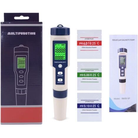 Testeur de qualité de l'eau, 5 en 1 TDS/CE/PH Meter, Green Backlight LCD Water Testers avec plage de mesure 0-10000PPM pour piscine, aquarium, étang, test de qualité de l'eau potable (1/5)