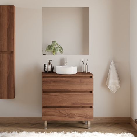 Meuble de salle de bain 80cm avec plateau et vasque à poser ronde - 3 tiroirs - noyer (bois foncé) - MAYOR