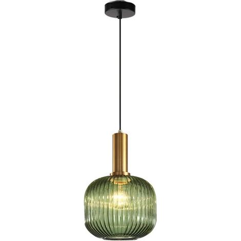Lampe suspendue moderne, suspension en verre vert avec douille de suspension en cuivre doré (1/5)