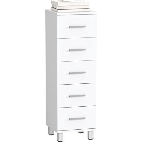 Commode 5 tiroirs pour chambre et salon en bois certifié FSC, 30 x 30 x 95 cm, blanche en bois massif solide et élégant facile à assembler avec instructions incluses