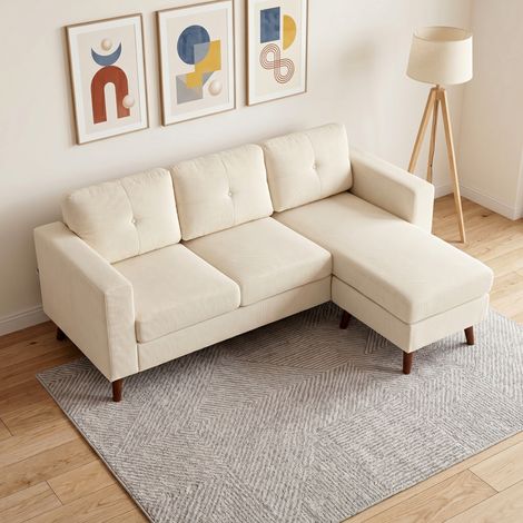 Canapé d‘angle 192 cm Canapé 3 places en forme de L avec chaise longue réversible, Cord, pour petit espace, blanc crème (1/5)