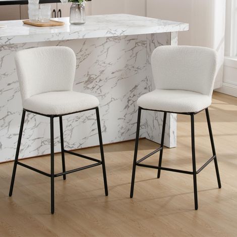 Wahson Juego de 2 Taburetes de Bar de Lana Sintética con Respaldo Sencillo, Taburetes Modernos para Barra de Bar en Casa, Cocina y Restaurante, Blanco