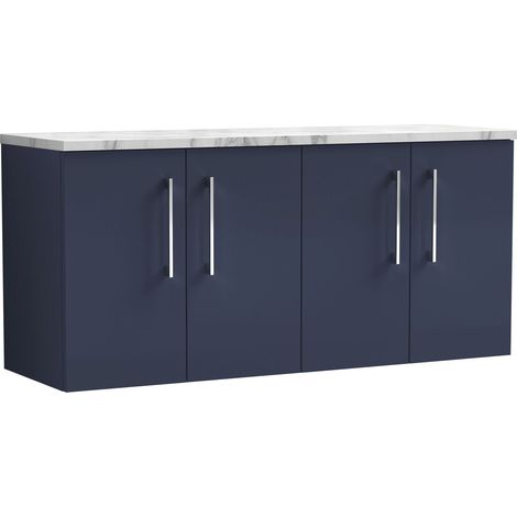 Nuie Arno Wall Hung 4-Door Vanity Unit with Carrera Marble Worktop 1200mm Wide - Midnight Blue (1/4)