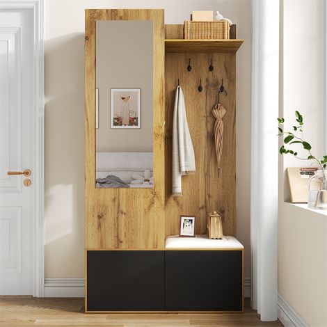 Garderobe – 100 x 38 x 191 cm – Spiegel mit verstecktem Stauraum, 5 Haken, Sitzbank und Schuhschrank – Schwarz und Natur (1/5)