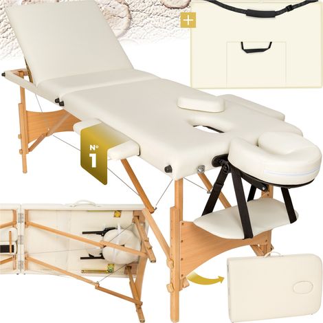 Table de massage portable pliante en bois et cuir synthétique beige