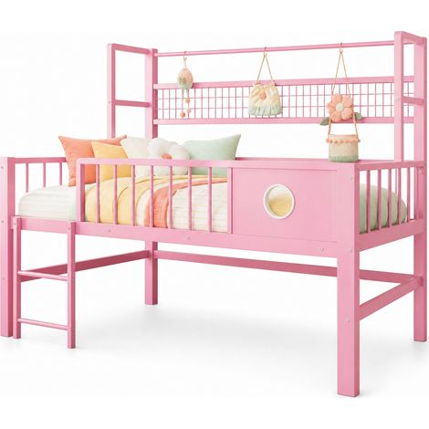 Lit mezzanine bas enfant 90 x 200 cm en métal rose avec rangements, barre de penderie et sécurité renforcée pour chambre compacte et gain de place - CHICFURN (1/5)