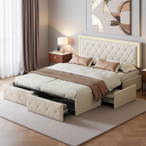 Bett 140x190 cm, verstellbare LED, verstellbares Bettbrett, moderne Eleganz, Erwachsenenbett, Doppelbettrahmen 140x190 cm, PU, beige