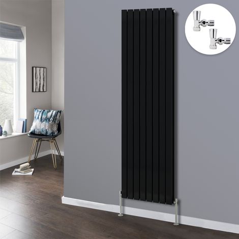 Flat Panel Design Radiator Bathroom Central Heating Radiators Black with Angled Manual Pair of Valves 1800 x 544mm Vertical Double (1/2)