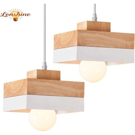 LONSHINE 2er-Set Moderne quadratische Pendelleuchte mit weißem Holz- und Metallschirm, E27-Glühbirne, Kronleuchter für Schlafzimmer oder Wohnzimmer