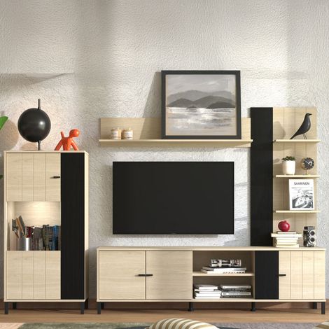 Pared amueblada Caropepe, mueble de salón modulable, 8 estantes, 7 compartimentos, marrón roble (1/5)