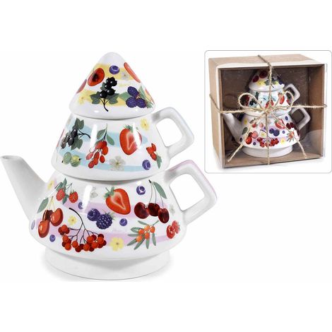 Set tisanière théière avec tasses empilables décor fruits rouges, coffret cadeau avec nœud, 16 x 11,5 x H. 15 cm