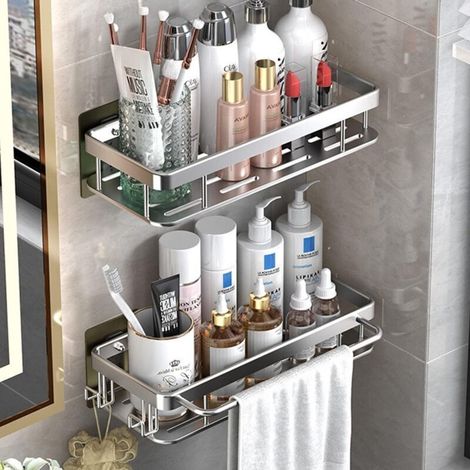 Etagere Douche Sans Percage,Etagere Salle de Bain,Rangement Douche Aluminium mit 2 Crochets,avec Porte-Serviettes Etagere de Douche Auto-AdhéSif (1/4)