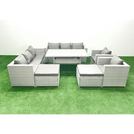 Fimous Rattan Garden Furniture Set Outdoor 8 Seater Patio Dinin g Sofa Sets with Dining Table 2 Chairs 2 Big Footstools Light Grey Mixed (1/5)