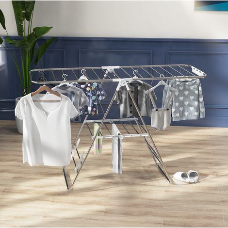 Stendibiancheria pieghevole in acciaio inox argento, 60,5 x 148 x 98 cm, ali regolabili e struttura richiudibile (1/5)