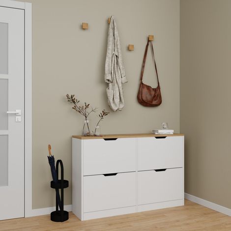Vente-Unique – Meuble à chaussures armoire 4 compartiments abattants – Panneau de particule mélaminé – Blanc et naturel – Charge max 20 kg (1/5)