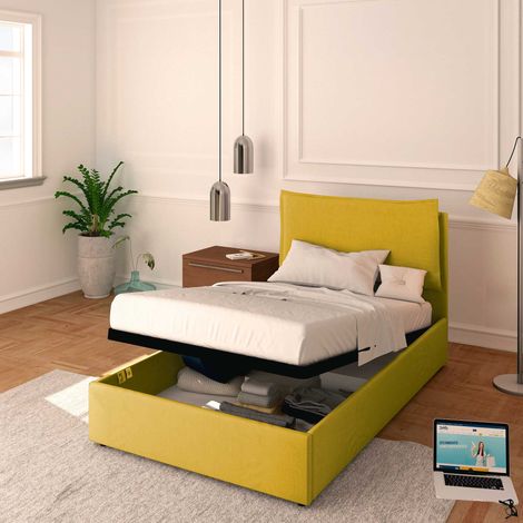 Baldiflex Letto Contenitore Piazza e mezzo 120x190 Licia in Tessuto con Rete a Doghe colore Giallo senape Melon (1/5)