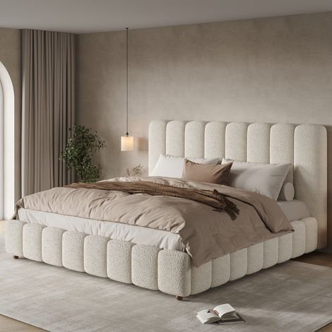Lit coffre 160x200 cm lit double rembourrée, avec sommier à lattes, grand rangement, tissu bouclé, blanc (1/5)