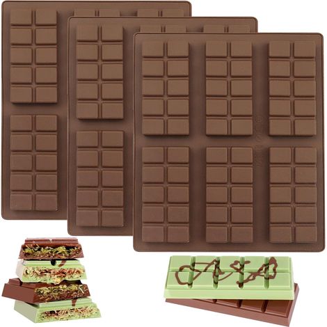 3er-Pack Silikon-Schokoladenformen, 6 Einheiten, 10 Gitter, wiederverwendbare Waffelform mit Gitter, Gummibonbonformen, antihaftbeschichtete Bonbonform, für Gelee, Pralinen, Eiswürfel (braun) (1/5)