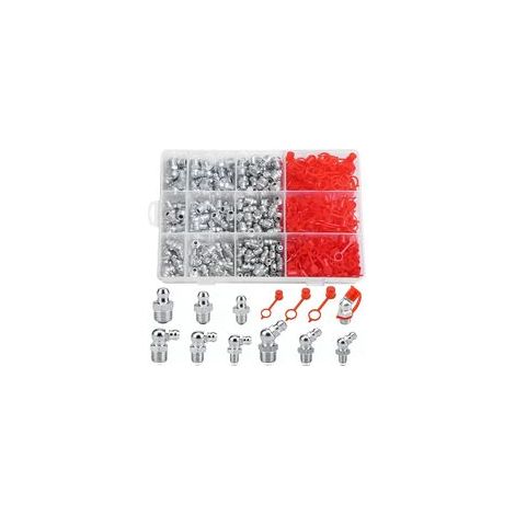 360 Pièces Graisseur a Visser, Assortiment Graisseur M6 M8 M10, Filetage Mâle Graisseurs 45°90°180°, Nickelé Graissage Conique avec Casquette & Boîte en Plastique, pour Équipement Mécanique (1/5)