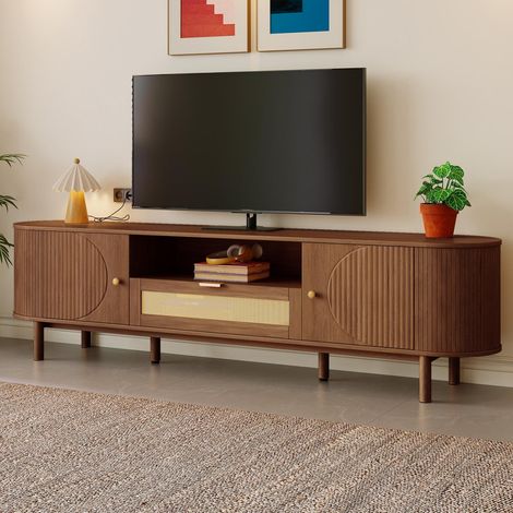 Mobile porta TV 175 cm, Mobile per televisione con cassetto in rattan e ante arrotondate, Ampia credenza moderna in MDF e metallo, Noce (1/5)