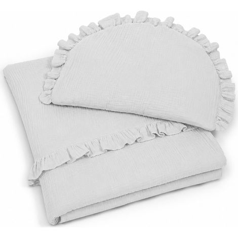 Gefüllte Bettdecke und flaches Kissen mit Musselinrüsche – 2-teiliges Set, grau (1/5)