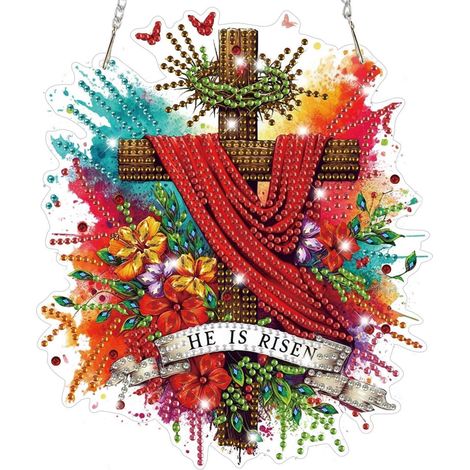 5D Diamond Painting Kreuz mit Blumen, Hängendes Ornament für Ostern, Wanddeko