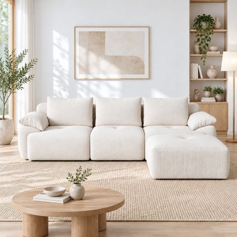 Canapé d'angle 3 places modulable en L convertible - design moderne confortable - 3 coussins de dossier et 4 coussins d'assise - 264 x 161 x 71 cm - pour salon - Beige